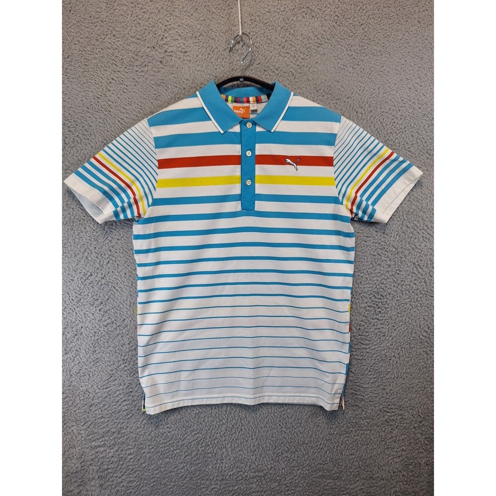 PUMA Sports Polo Shirt Men Small Multi Striped Golf Performance Moisture Wicking